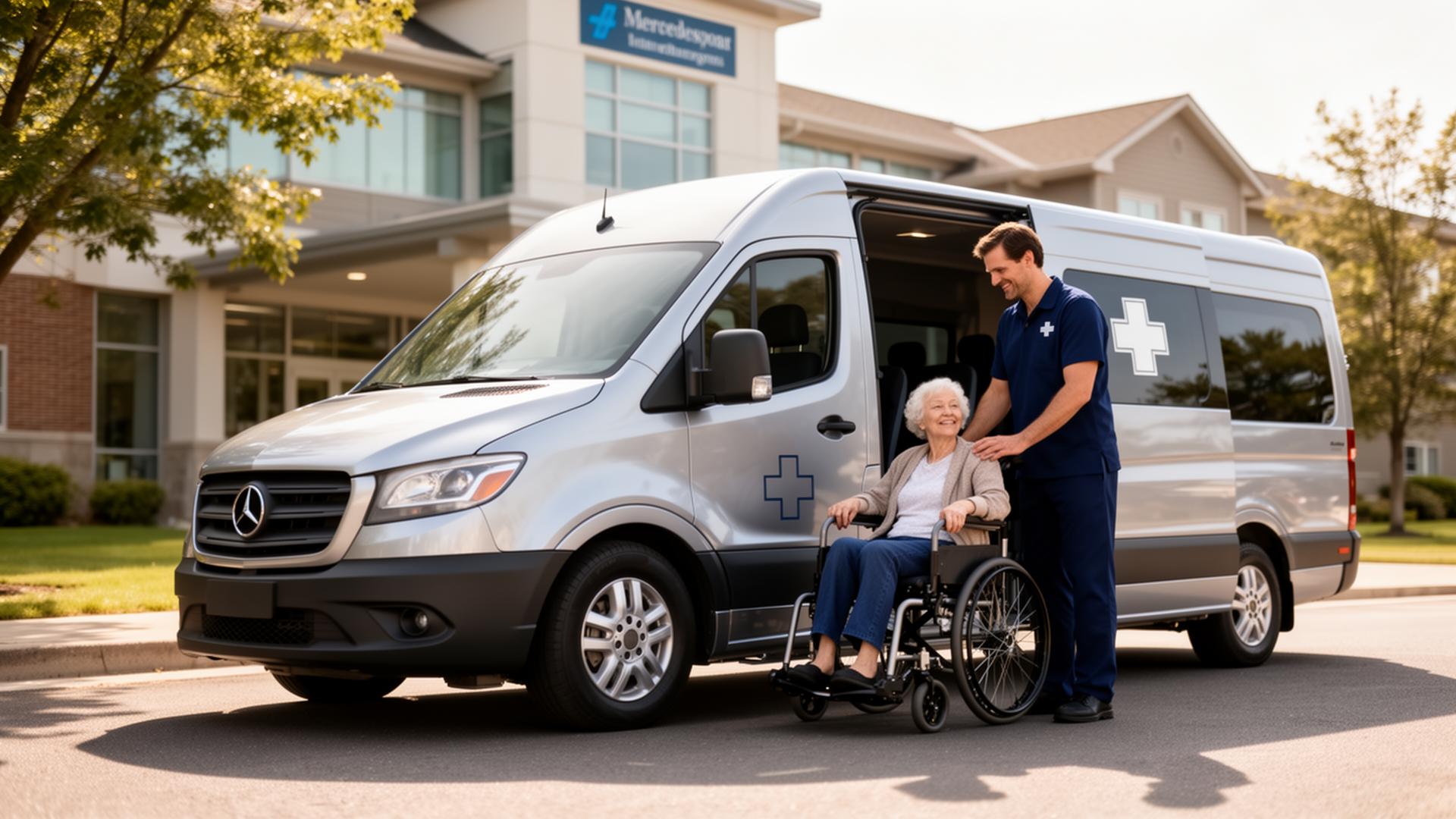 Professional driver assisting a senior wheelchair passenger outside a healthcare facility